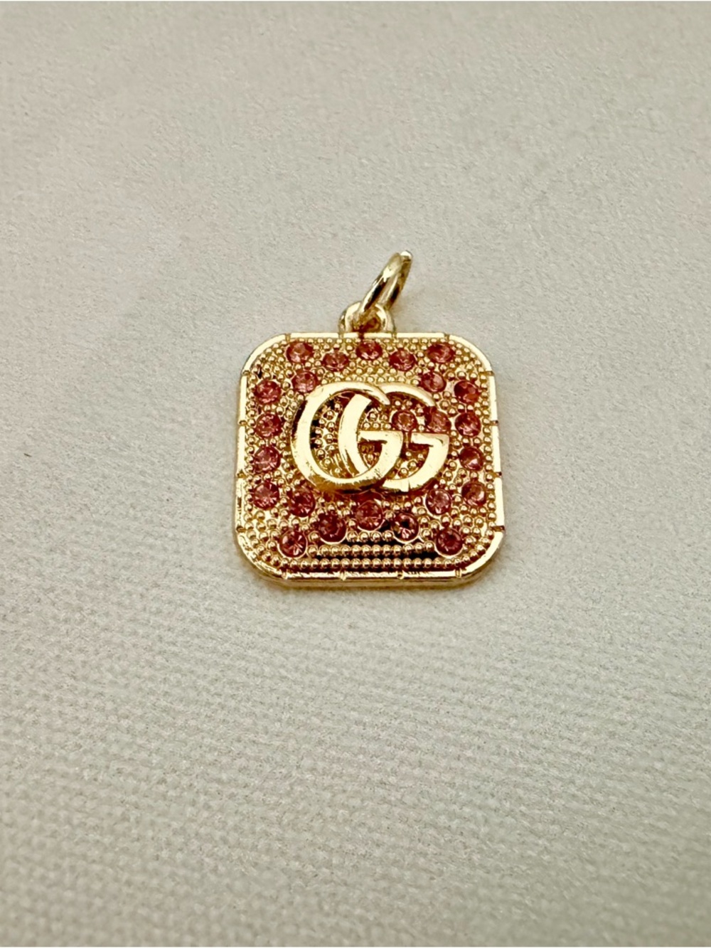 Gucci Upcycled Gold with Pink Crystals Square Pendant, Iconic GG Logo, Charm